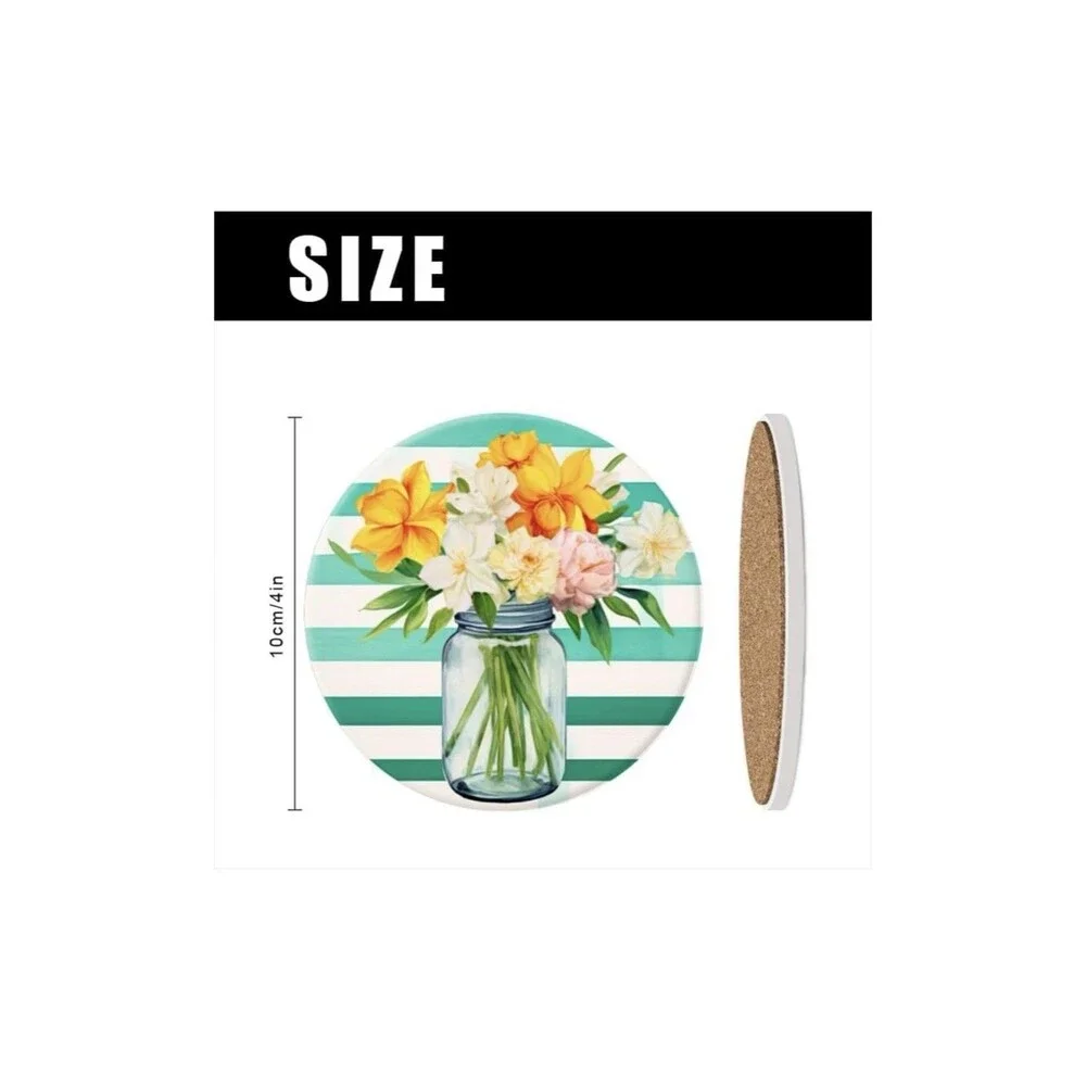 Mason Jar Spring Flowers Ceramic Coasters Set of 6 Absorbent w/ Holder Decor